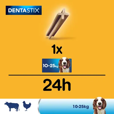 DENTASTIX, 1 bucata pe zi pentru câini 10–25 kg. Imagine cu recompensă dentară și simboluri de vacă și pui. Text vizibil: 1x, 24h, 10–25kg.