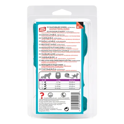 Tabella taglie pannolino igienico lavabile Simple Solution: XS 2–4 kg 25–35 cm, S 4–7 kg 30–48 cm, M 7–16 kg 38–56 cm, L 16–25 kg 45–68 cm, XL 25–40 kg 56–89 cm.