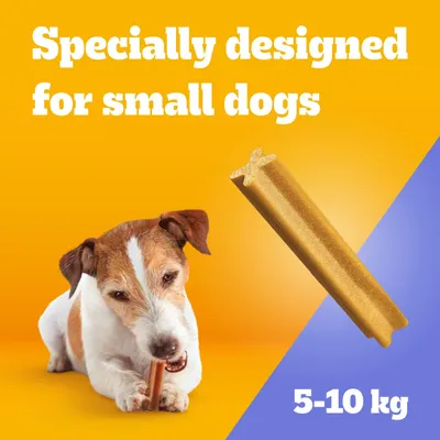Specifically developed for small dogs, suitable for 5–10 kg. Dog shown with chew snack.