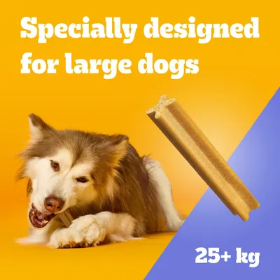 Specially developed for large dogs, from 25 kg. Pictured is a dog with a chew snack and the text 'Specially designed for large dogs' as well as '25+ kg'. Specially developed for large dogs, from 25 kg. Pictured is a dog with a chew snack and the text 'Specially designed for large dogs' as well as '25+ kg'.