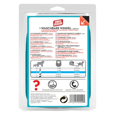 Tabella taglie pannolino igienico lavabile Simple Solution: XS 2–4 kg 25–35 cm, S 4–7 kg 30–48 cm, M 7–16 kg 38–58 cm, L 16–25 kg 45–68 cm, XL 25–40 kg 56–89 cm.