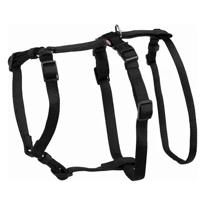 Black adjustable harness with buckles and metal ring, suitable for pets. Durable material visible.