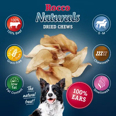 Dried chews made from 100% beef ears, grain-free, low fat, with chewiness and smelliness highlighted. Suitable for small to medium pets. The natural treat.