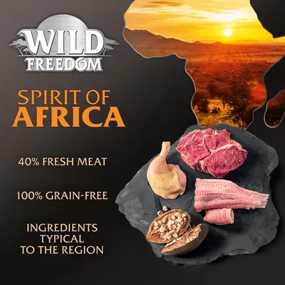Wild Freedom Spirit of Africa. 40% fresh meat, 100% grain-free, ingredients typical to the region. Image shows various raw meats and regional ingredients.