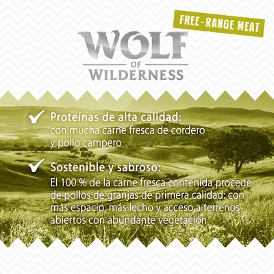 Wolf of Wilderness. Free-range meat. Proteínas de alta calidad: con mucha carne fresca de cordero y pollo campero. Sostenible y sabroso: 100 % carne fresca de pollos de granjas de primera calidad.