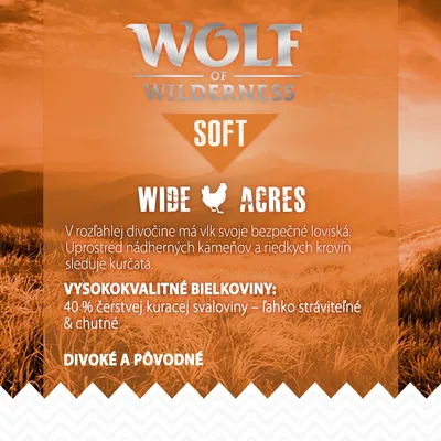 Wolf of Wilderness Soft Wide Acres. Vysokokvalitné bielkoviny: 40 % čerstvej kuracej svaloviny – ľahko stráviteľné & chutné. Divoké a pôvodné.