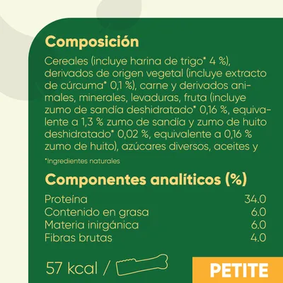 Composición: cereales, carne y derivados animales, minerales, levaduras, fruta. Componentes analíticos: proteína 34 %, grasa 6 %, materia inorgánica 6 %, fibras brutas 4 %. 57 kcal. PETITE.