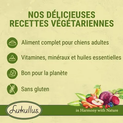 Nos délicieuses recettes végétariennes : aliment complet pour chiens adultes, vitamines, minéraux et huiles essentielles, bon pour la planète, sans gluten. Lukullus.