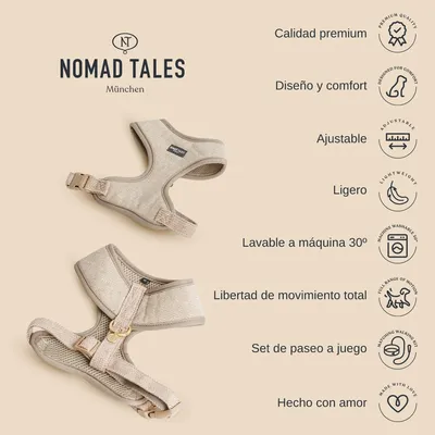 Nomad Tales München. Arnés beige visible. Texto: Calidad premium, Diseño y comfort, Ajustable, Ligero, Lavable a máquina 30º, Libertad de movimiento total, Set de paseo a juego, Hecho con amor.