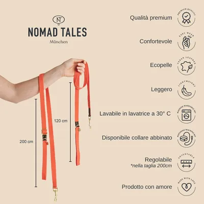 Guinzaglio Nomad Tales in ecopelle, lunghezze 120 cm e 200 cm, lavabile in lavatrice a 30°C, regolabile nella taglia 200 cm, disponibile collare abbinato. Qualità premium.
