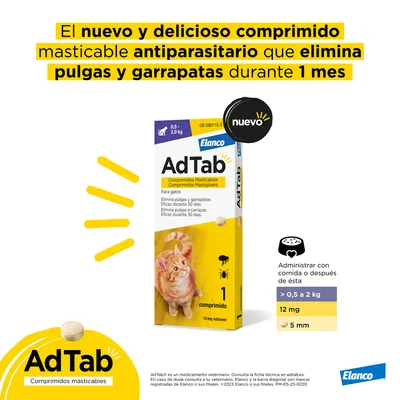 AdTab comprimidos masticables antiparasitarios para gatos, elimina pulgas y garrapatas durante 1 mes. Para gatos de 0,5 a 2 kg, 12 mg, administrar con comida o después. Marca Elanco.