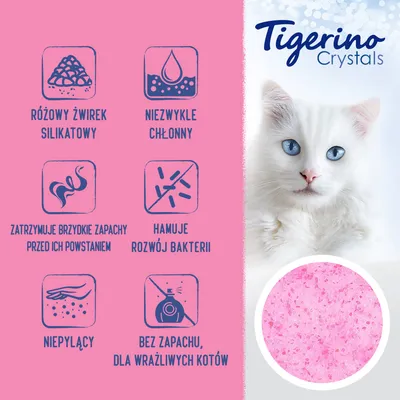 Tigerino Crystals. Różowy żwirek silikatowy, niezwykle chłonny, zatrzymuje brzydkie zapachy, hamuje rozwój bakterii, niepyłacy, bez zapachu dla wrażliwych kotów.