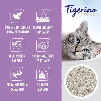 Tigerino Premium. Żwirek z naturalną glinką bentonitową, super chłonny i wydajny, niski poziom pylenia, natychmiastowe zbrylanie, silna kontrola zapachów, o zapachu lawendy.