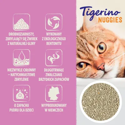 Tigerino Nuggies. Drobnoziarnisty, zbrylający się żwirek z naturalnej gliny, ekologiczny bentonit, natychmiastowe zbrylenie, zwalczanie zapachów, zapach pudru dla dzieci, wyprodukowany w Niemczech.