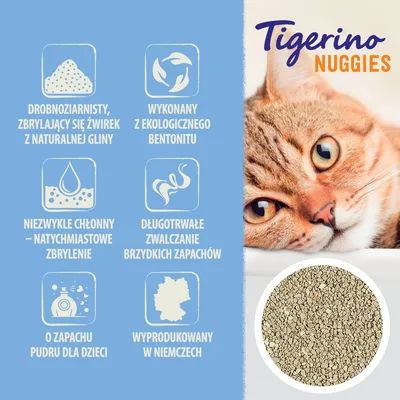 Tigerino Nuggies. Drobnoziarnisty, zbrylający się żwirek z naturalnej gliny, ekologiczny bentonit, natychmiastowe zbrylenie, długotrwałe zwalczanie zapachów, zapach pudru, wyprodukowany w Niemczech.