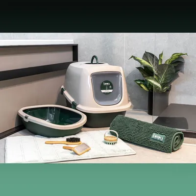 Bac à litière fermé kooa, bac ouvert assorti, tapis vert kooa, deux brosses et un peigne posés sur un tapis blanc, tous visibles dans une salle de bain moderne.
