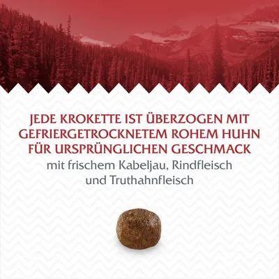 Jede Krokette ist überzogen mit gefriergetrocknetem rohem Huhn für ursprünglichen Geschmack, mit frischem Kabeljau, Rindfleisch und Truthahnfleisch.
