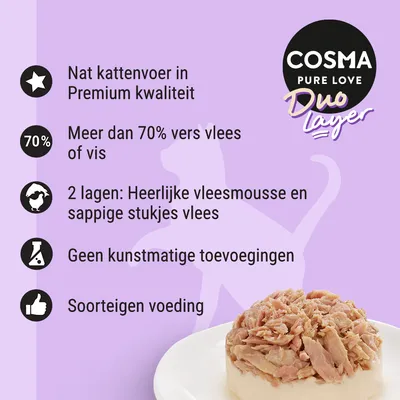 COSMA Pure Love Duo Layer nat kattenvoer, premium kwaliteit, meer dan 70% vers vlees of vis, 2 lagen: vleesmousse en stukjes vlees, geen kunstmatige toevoegingen, soorteigene voeding.