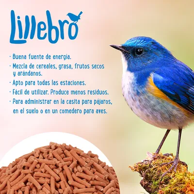 Lillebro. Buena fuente de energía. Mezcla de cereales, grasa, frutos secos y arándanos. Apto para todas las estaciones. Fácil de utilizar. Produce menos residuos. Para administrar a aves.