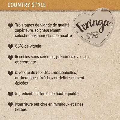 Feringa Country Style : trois types de viande, 65 % de viande, sans céréales, recettes traditionnelles, ingrédients naturels, enrichi en minéraux et fines herbes. Texte en français.