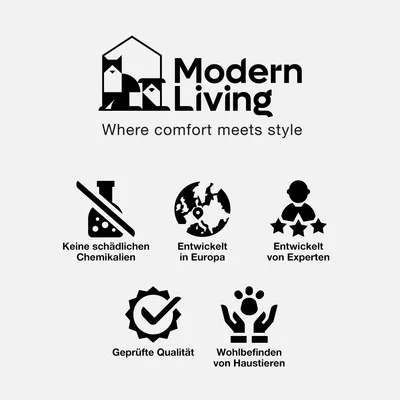 Modern Living. Where comfort meets style. Keine schädlichen Chemikalien, Entwickelt in Europa, Entwickelt von Experten, Geprüfte Qualität, Wohlbefinden von Haustieren (besedilo v nemščini/angleščini).