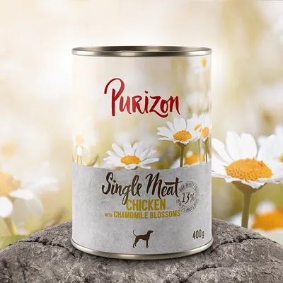 Purizon Single Meat Chicken s cvjetovima kamilice, konzerva 400g. Sadrži 13% proteina. Prikazana je ambalaža proizvoda s motivom kamilice.