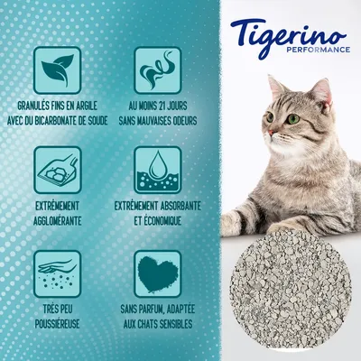 Tigerino Performance, litière pour chat : granulés fins en argile avec bicarbonate de soude, sans parfum, très peu poussiéreuse, extrêmement agglomérante et absorbante, 21 jours sans odeurs.
