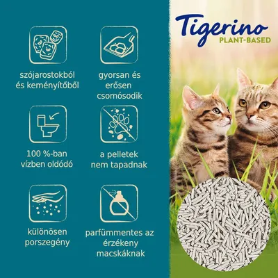 Tigerino Plant-Based macskaalom. Szójaroztokból és keményítőből, gyorsan csomósodik, 100%-ban vízben oldódó, nem tapad, porszegény, parfümmentes érzékeny macskáknak.