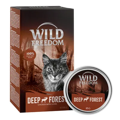 Wild Freedom Deep Forest kattenvoer, 100% grain-free recipe, chicken with game, verpakking met kat en bos, 6 x 85 g, blikje van 85 g zichtbaar