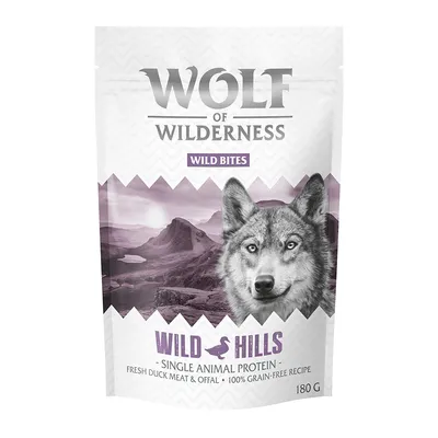 Wolf of Wilderness Wild Bites Wild Hills, single animal protein, fresh duck meat & offal, 100% grain-free recipe, 180 g. Texte en anglais.
