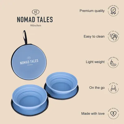 Nomad Tales München rejseetui med to blå foldbare skåle. Synlig tekst: Premium quality, Easy to clean, Light weight, On the go, Made with love.
