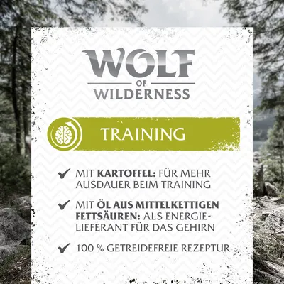 Wolf of Wilderness Training. S krompirjem: za več vzdržljivosti med treningom. Z oljem srednjeverižnih maščobnih kislin: kot vir energije za možgane. 100 % brez žit.