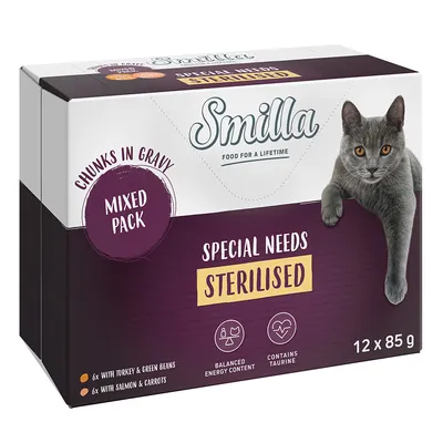 Smilla Special Needs Sterilised, miješano pakiranje, komadići u umaku. 12 x 85 g: 6x s puretinom i zelenim mahunama, 6x s lososom i mrkvom. Sadrži taurin, uravnotežen energetski sadržaj.