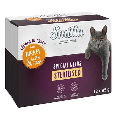 Smilla Special Needs Sterilised, komadići u umaku s puretinom i zelenim mahunama, 12 x 85 g. Uravnotežen energetski sadržaj, s taurinom.