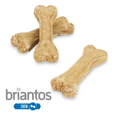 Briantos tyggeben af presset oksehud, egnet til at tygge. Blå markering med teksten 'Chew' og knoglesymbol.