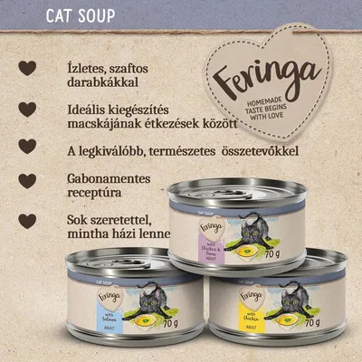 Feringa Cat Soup macskaeledel 70 g, with salmon, with chicken & tuna, with chicken. Ízletes darabok, gabonamentes receptúra, természetes összetevők, sok szeretettel.