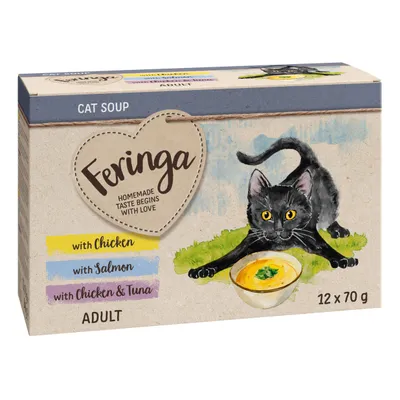 Feringa Cat Soup dla dorosłych kotów, smaki: kurczak, łosoś, kurczak i tuńczyk. Opakowanie z ilustracją czarnego kota i miski z zupą. Zawartość: 12 x 70 g.