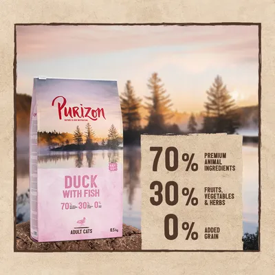 Purizon Duck with Fish kattenvoer 6,5 kg. Tekst: 70% premium dierlijke ingrediënten, 30% fruit, groenten & kruiden, 0% toegevoegde granen. Voor volwassen katten.