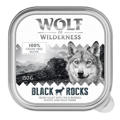 Wolf of Wilderness Black Rocks, 150g. 100% grain-free recipe with fresh goat, wild berries, roots and wild herbs.