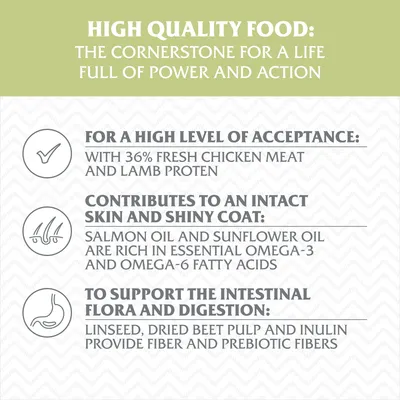 Text v angličtine: High quality food, for a high level of acceptance with 36% fresh chicken meat and lamb protein, contributes to an intact skin and shiny coat, to support the intestinal flora and digestion.