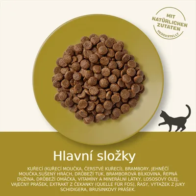 Hlavní složky: kuřecí moučka, čerstvé kuřecí, brambory, jehněčí moučka, sušený hrách, drůbeží tuk, bramborová bílkovina, řepná dužina, lososový olej, vitamíny a minerální látky.