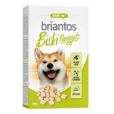 Briantos Biski Nuggets, 500 g. Sin azúcares añadidos, sin aromas artificiales, horneados. El envase muestra un perro y el producto.