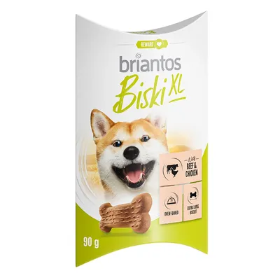 Briantos Biski XL, 90 g. With beef and chicken, oven-baked, extra large biscuit. Packaging shows a dog and a bone-shaped treat.