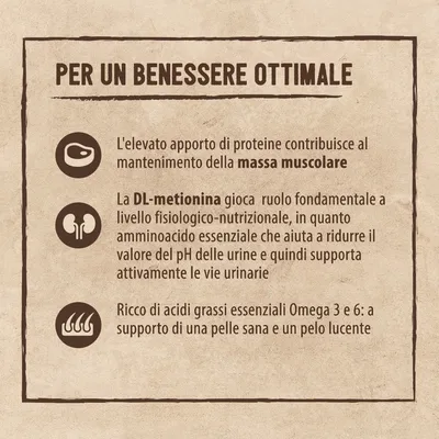 PER UN BENESSERE OTTIMALE: proteine per la massa muscolare, DL-metionina per il pH delle urine e vie urinarie, Omega 3 e 6 per pelle sana e pelo lucente.