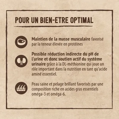 Pour un bien-être optimal : maintien de la masse musculaire, soutien du système urinaire grâce à la DL-méthionine, peau saine et pelage brillant avec oméga-3 et oméga-6.
