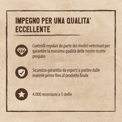 Impegno per una qualità eccellente: controlli regolari da veterinari, sicurezza garantita da esperti dalle materie prime al prodotto finale, 4.000 recensioni a 5 stelle.
