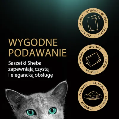 Wygodne podawanie. Saszetki Sheba zapewniają czystą i elegancką obsługę. Otwórz, wyciśnij, zaserwuj – instrukcja użycia saszetek na ilustracjach.