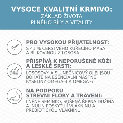 Vysoce kvalitní krmivo: 41 % čerstvého kuřecího masa, bílkovina z lososa, omega-3 a omega-6, lněné semínko, sušená řepná dužina, inulin, prebiotická vláknina.