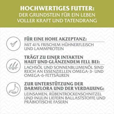 Hochwertiges Futter: Frisches Hühnerfleisch und Lammprotein, Omega-3- und Omega-6-Fettsäuren für Haut und Fell, Ballaststoffe und präbiotische Fasern zur Unterstützung der Darmflora.