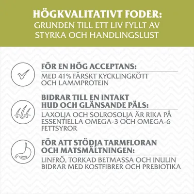 Högkvalitativt foder: styrka och handlingslust. 41 % färskt kyckling- och lammprotein, laxolja och solrosolja med omega-fettsyror, linfrö, betmassa och inulin för kostfiber och prebiotika.